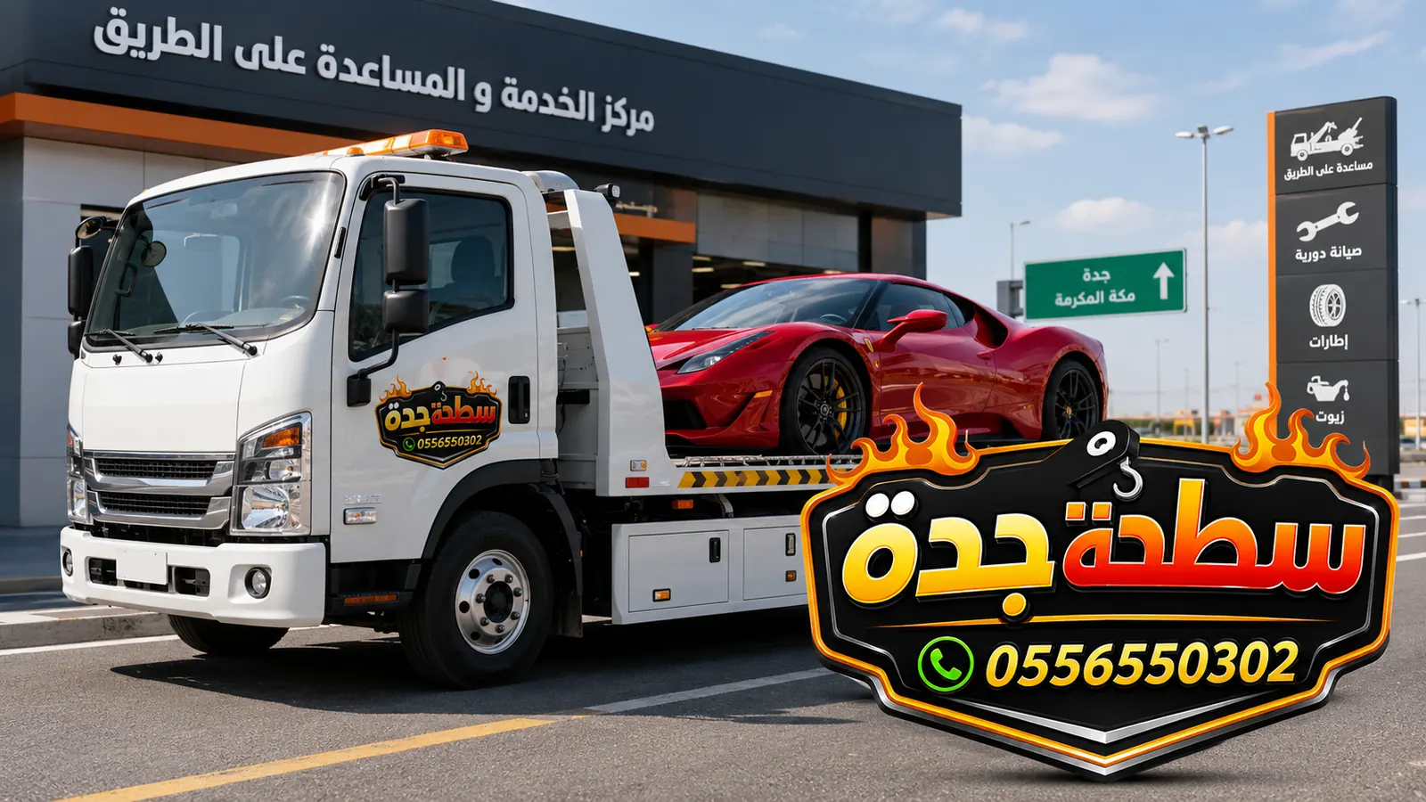 سطحة جدة أمام مركز خدمة وصيانة على الطريق