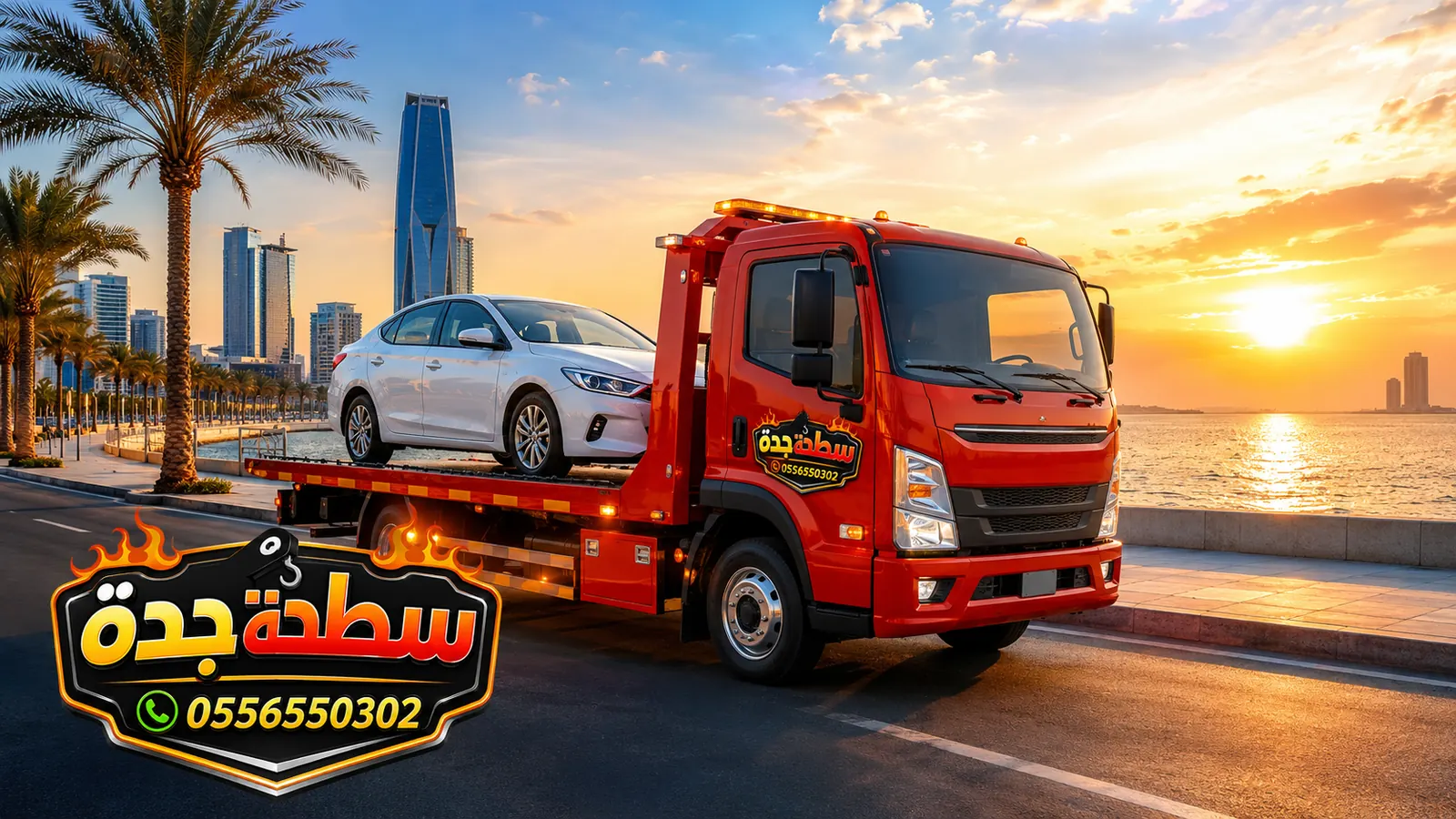 سطحة جدة حمراء لنقل سيارة عند الكورنيش
